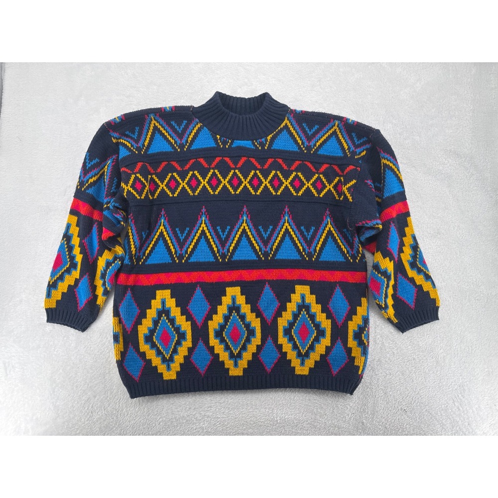 Jordache Vintage 80's 90's Women Sweater Blue Geometric Colorful Knit Pullover